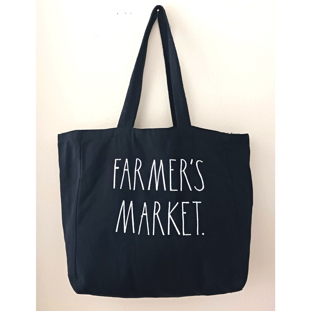 Rae Dunn "FARMER'S MARKET" Large Blk Canvas Tote Bag, Reusable, Grocery Shop - Picture 1 of 8